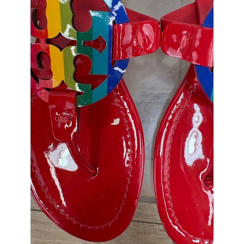 Tory Burch Miller Rainbow Logo Red Patent Leather Flip Flops Sandals - Picture 5 of 11